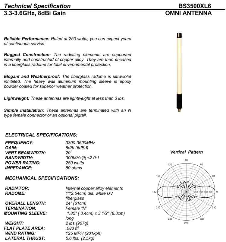 Complete and detailed specification of the Comtelco's BS3500XL6 Series of Antennas