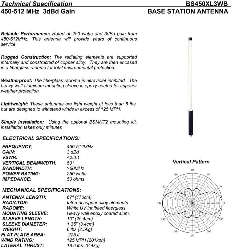 Complete and detailed specification of the Comtelco's BS450XL3-WB Series of Antennas