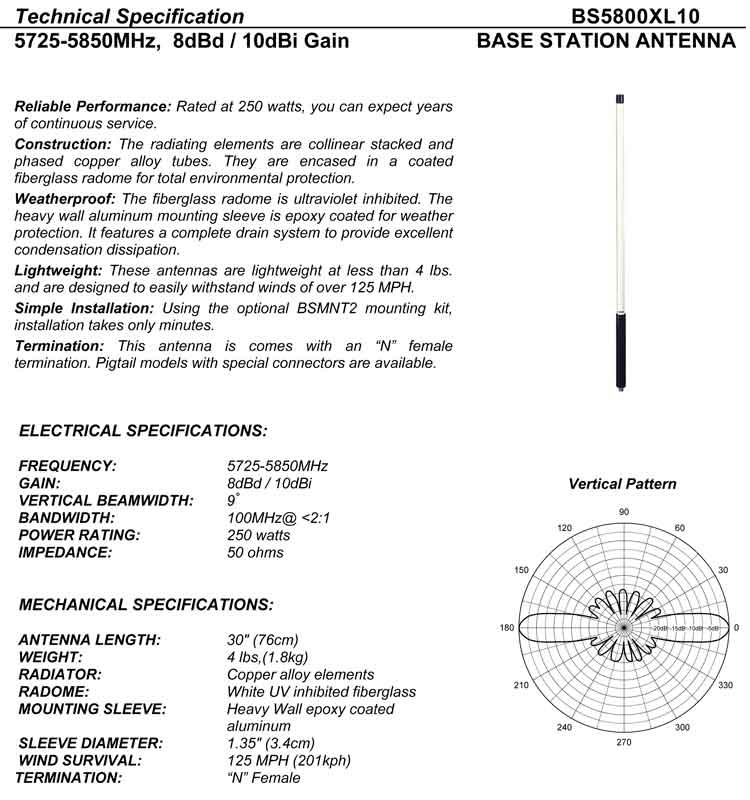 Complete and detailed specification of the Comtelco's BS5800XL10 Series of Antennas