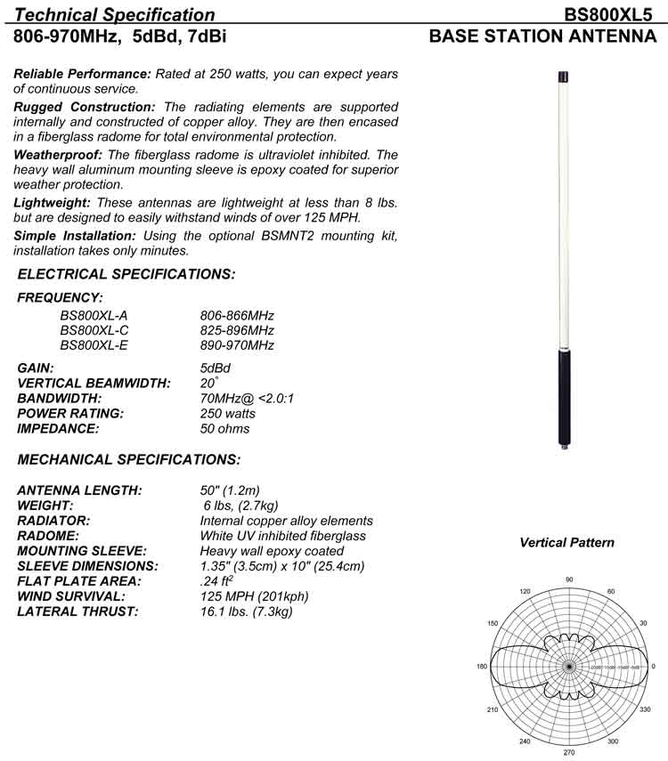 Complete and detailed specification of the Comtelco's BS800XL5-A Series of Antennas