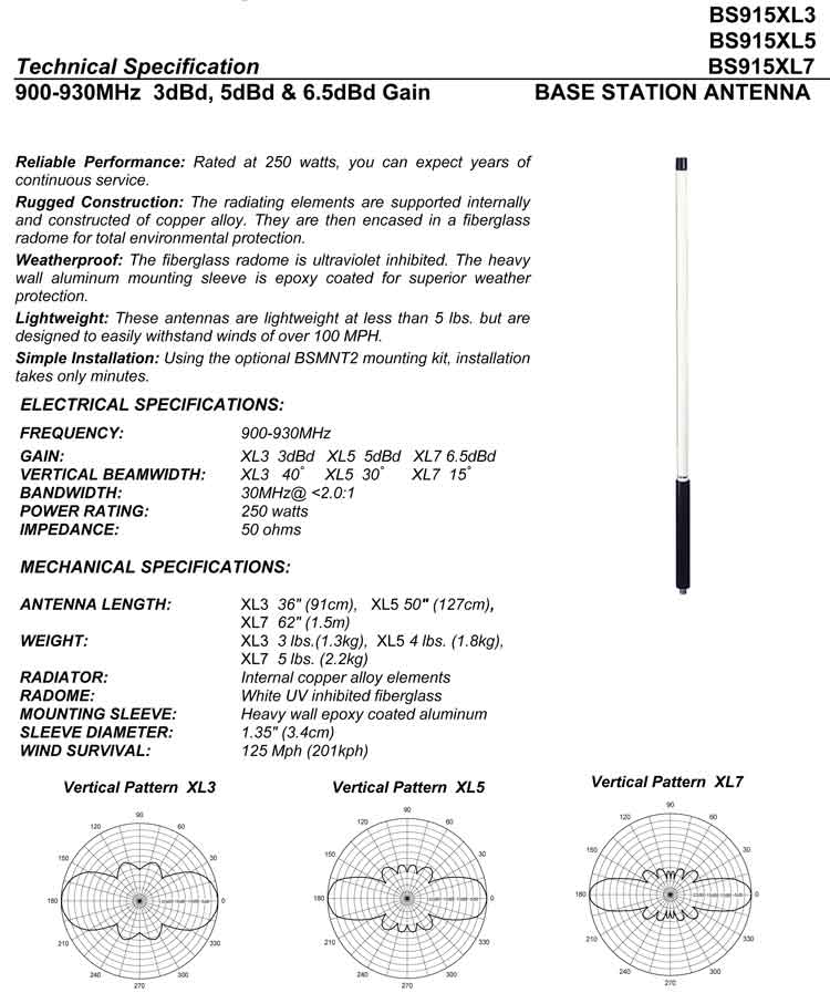 Complete and detailed specification of the Comtelco's BS915XL3 Series of Antennas