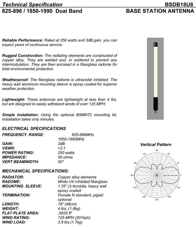 Complete and detailed specification of the Comtelco's BSDB18U8 Series of Antennas