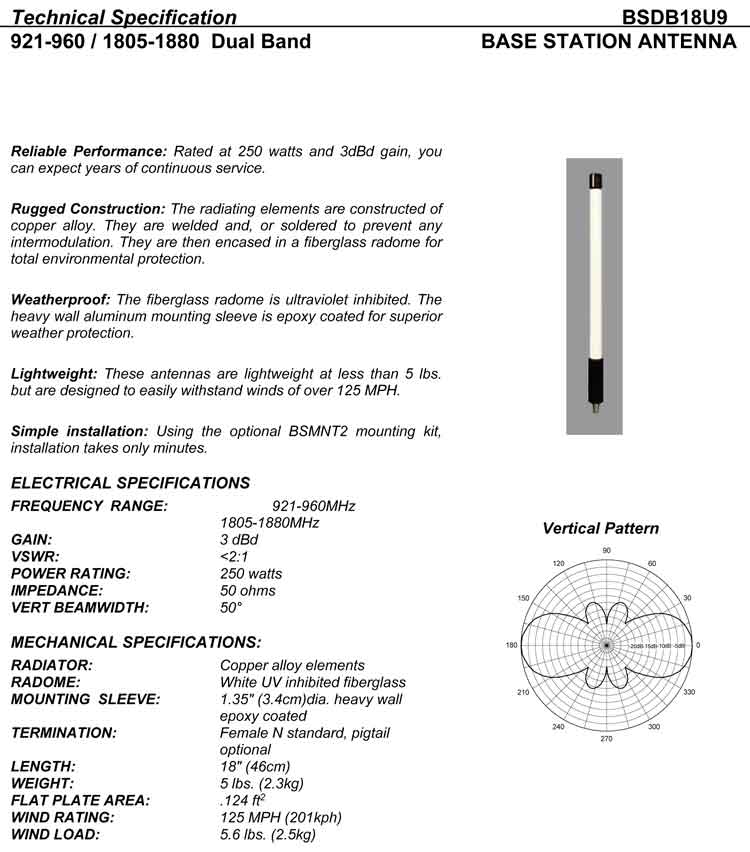 Complete and detailed specification of the Comtelco's BSDB18U9 Series of Antennas