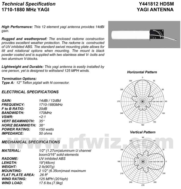 Detailed and complete description and specifications for Comtelco Antenna Model Y441812HDSM Yagi Beam including Vertical and Horizonral Pattern chart