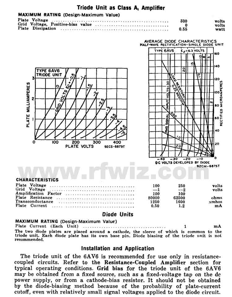 12AV6 Vacuum Tube Duplex-Diode High-Mu Triode Specifications Page 2 Complete Specifications Data and tube socket pin designations for the 12AV6 Vacuum Tube Page 2