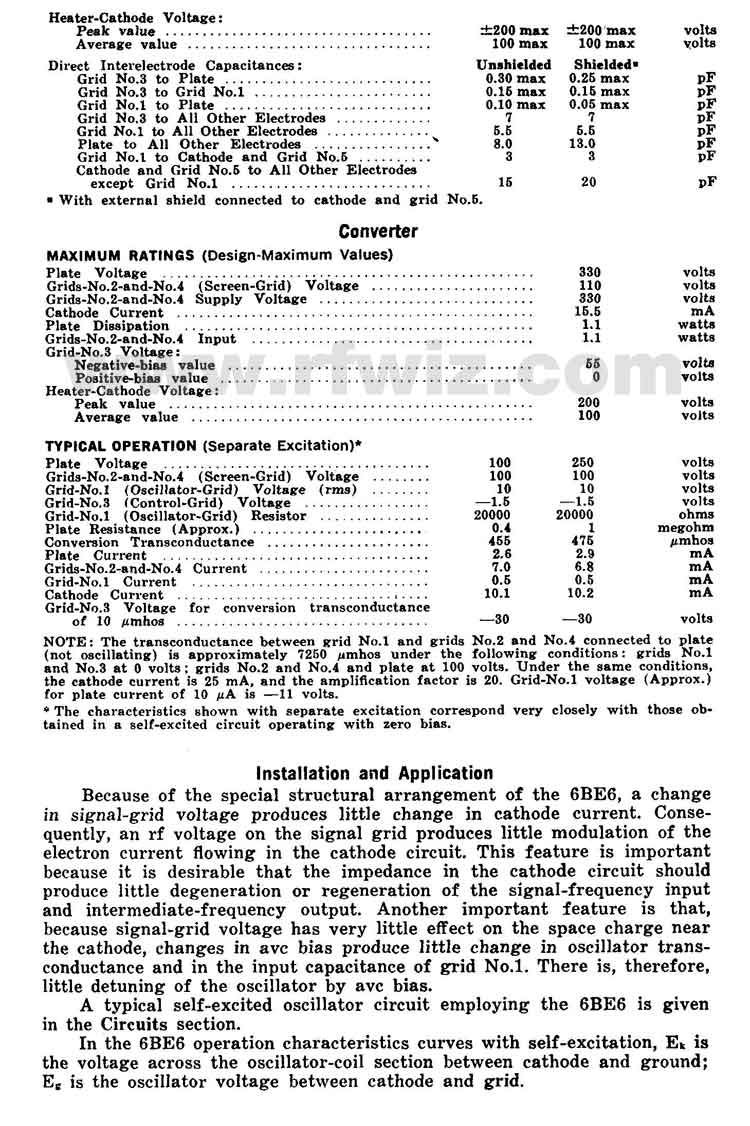 Complete Specifications Data and tube socket pin designations for the 6BE6 Vacuum Tube Page 2